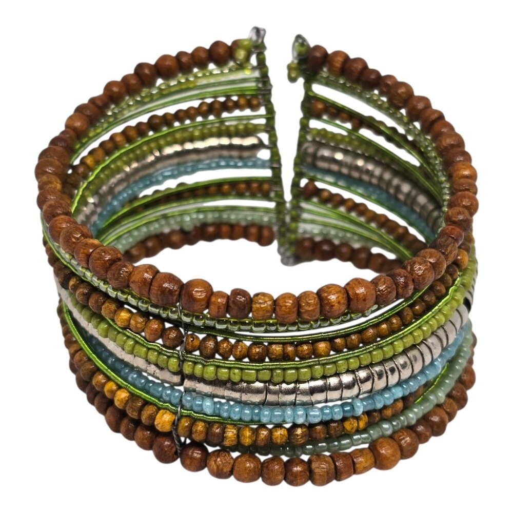 Boho Memory Wire Wrap Bracelet Green Wood Bead Multi Strand Coil - Picture 1 of 6